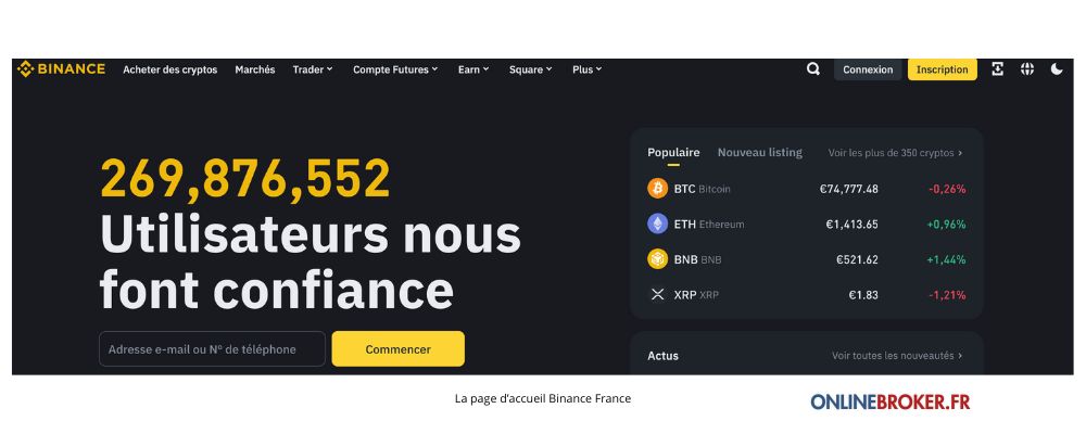 Page d'accueil de Binance